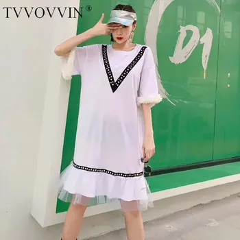 

Loose Tide Patchwork Mesh Rivet Elegant Dress Women Clothes 2020 Summer New Fashion Loose Pullover Short Sleeve Dresses DMY4123
