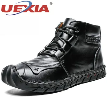 

UEXIA 2020 Winter Snow Boots Men Casual Cow Split Leather Shoes Motorcycle Comfortable Flats Lace-up Male Ankle Short Plush Warm