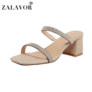 

ZALAVOR Women Sandals Shoes High-Quality Square High Heels Shoes Women Fashion Little Crystals Solid Casual Slippers Size 34-39