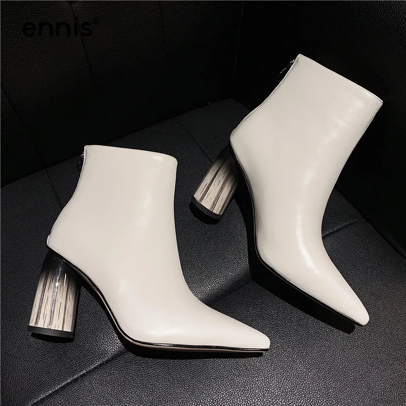 ENNIS Autumn Winter Women High Heel Boots Genuine Leather Pointed Boots Black Beige Designer Ankle Boots Ladies Shoes A9166