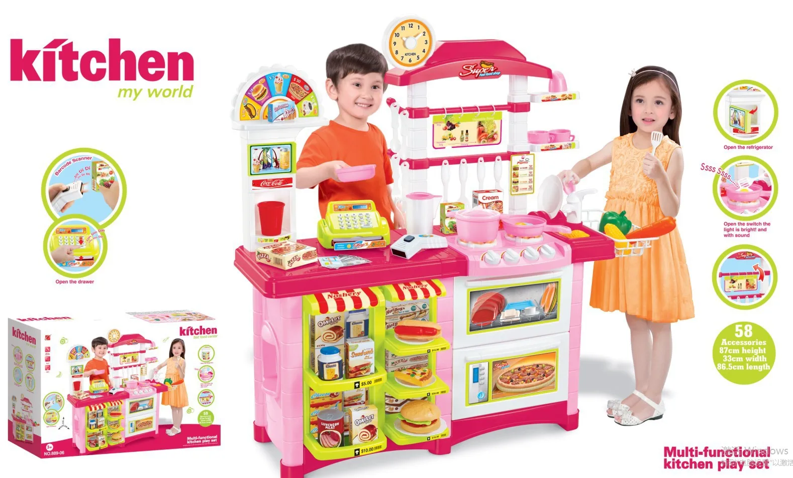 

Luxury Kitchen Dining Table + Cash Register gou wu tai Play House Toys Scanning Light Included Light Music Cooking Tableware