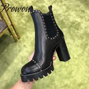 

Prowow New Winter Luxury Round Toe Sexy Platform Boots Metal Studded Thick Heel High Chunky Heel Boots Shoes Ladies