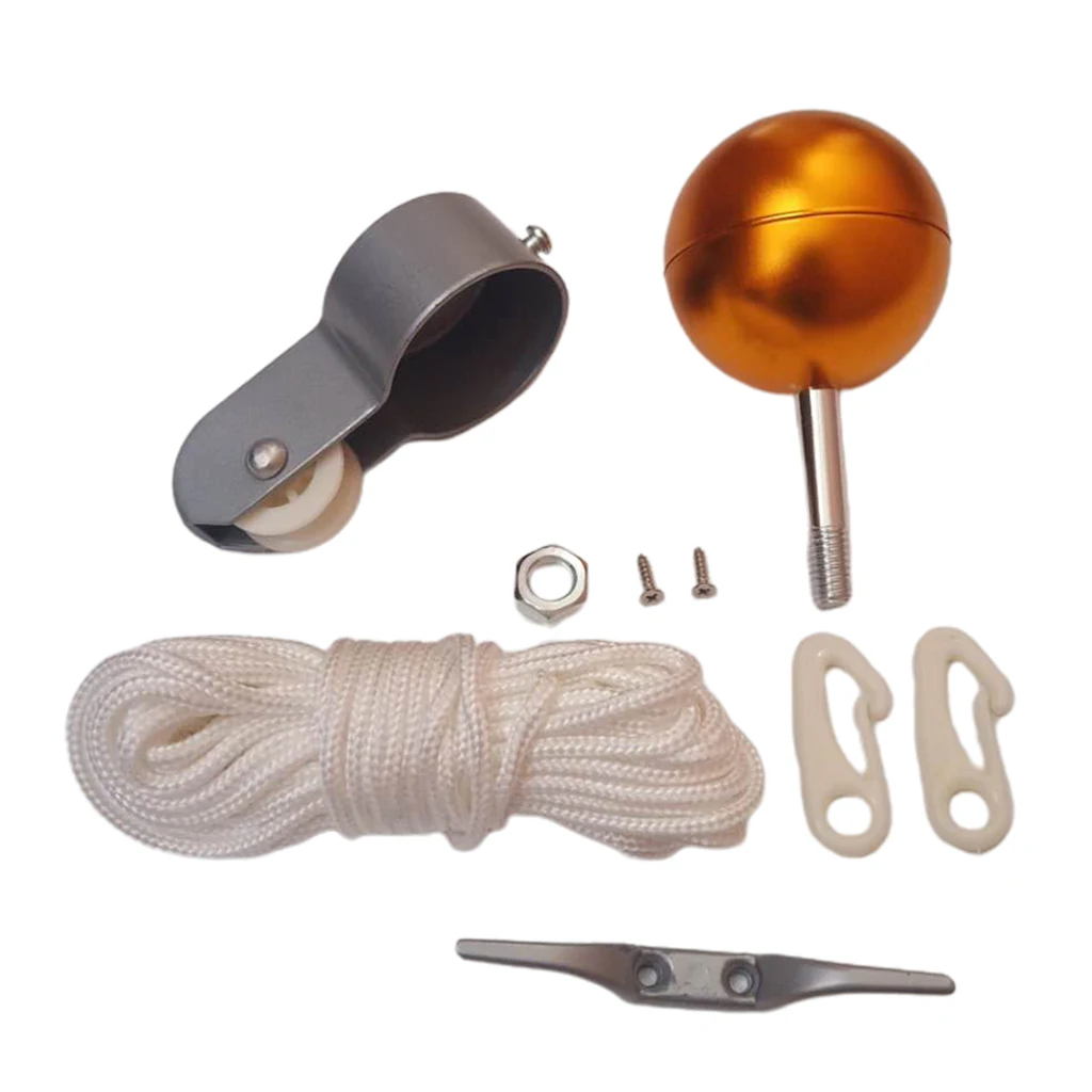All-in-1 Flag Pole Replacement Parts 2'' Truck Pulley Golden Ball and Cleat Rope
