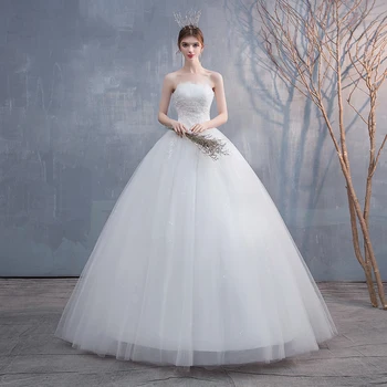 

Bling Strapless Tulle Ball Gown Wedding Dresses with Lace 2020 High Waist Floor Length Bridal Gowns Lace Bride Dress