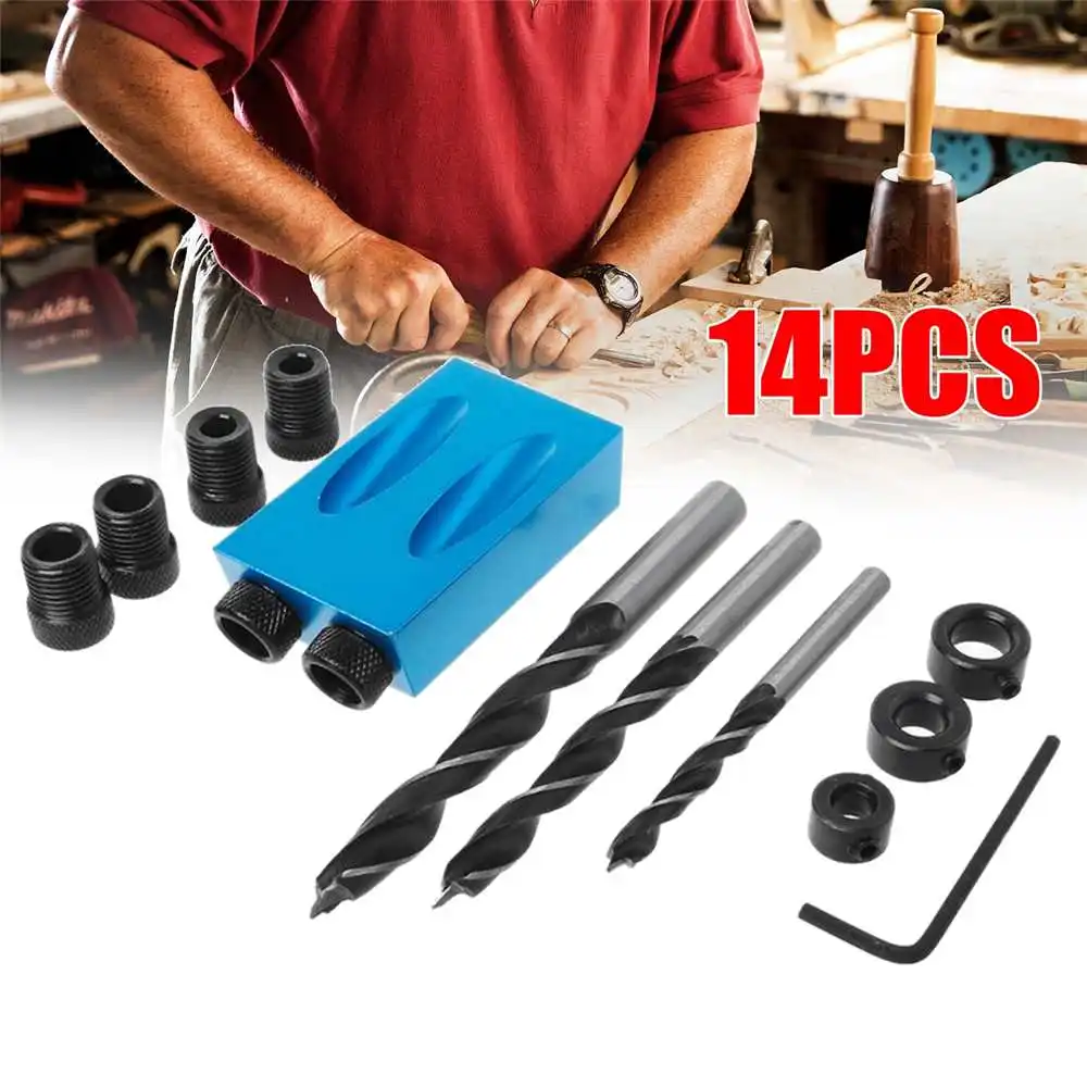  14pcs Woodworking Pocket Hole Jig Kit 6/8/10mm Angle Drill Guide Set Hole Puncher Locator Drill Bit
