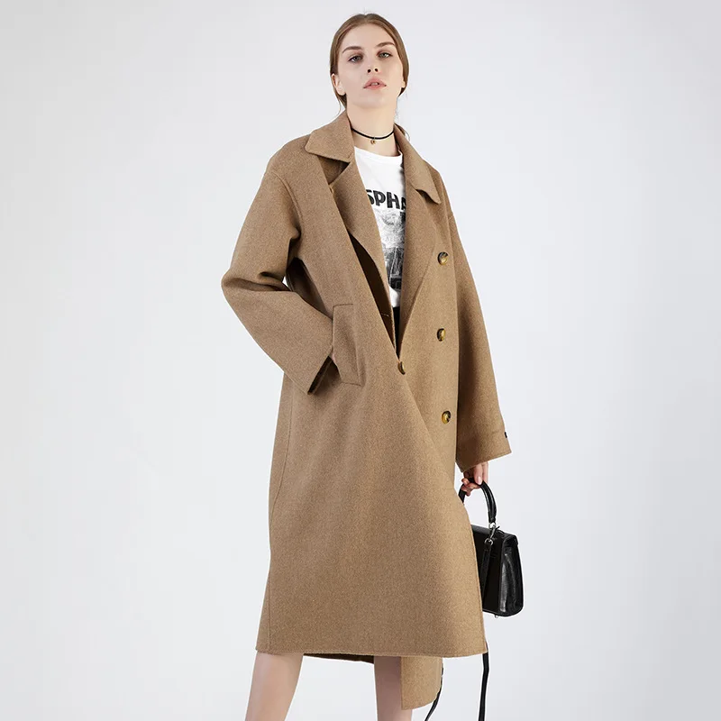 Кашемировое пальто, новинка, двухстороннее шерстяное пальто, Осень-зима, высококачественные топы, Женская длинная двубортная прямая