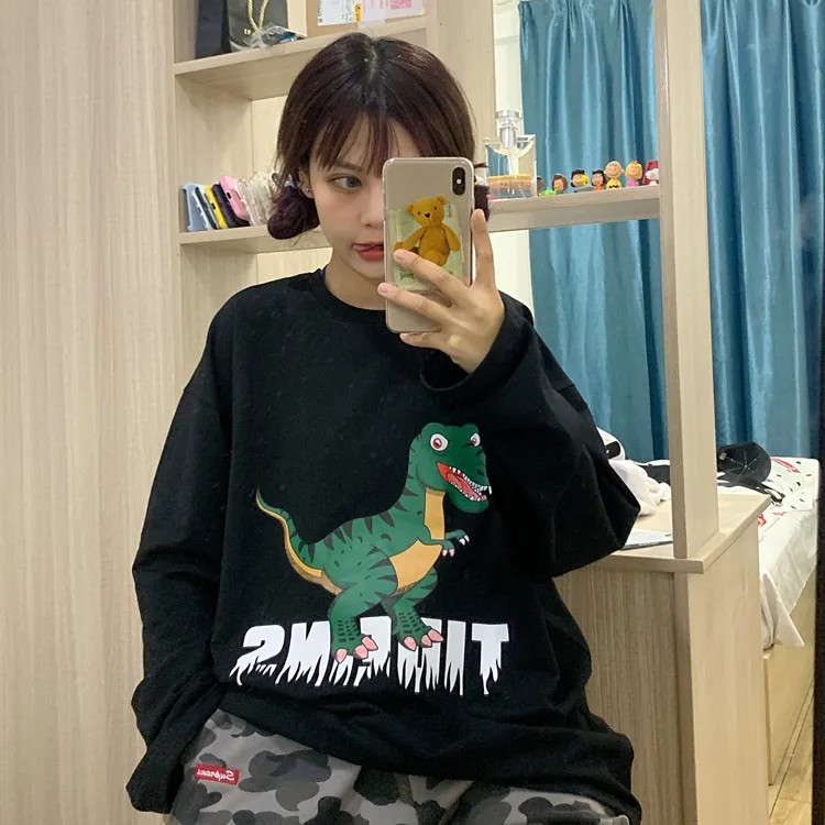 Осенняя женская футболка Harajuku одежда мультфильм Динозавр печатных футболки для женщин Белый Свободный длинный рукав футболки топы
