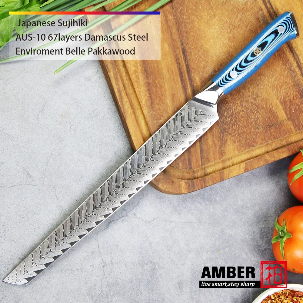 

AMBER AUS-10 Damascus Steel Environmental Pakka Belle Wood Handle Ladder Pattern Damascus Knife 10 1/8 inch Japanese Sujihiki Ch