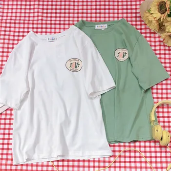 

Summer New Small fresh Cartoon Avocado Badge Print T-shirt Girls Kawaii Round neck Soft Sister Wild Short Sleeve Tops Mori Girl