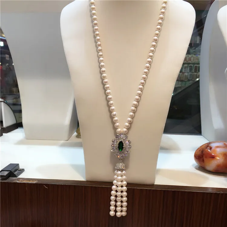 

hot sell Natural 8-9mm freshwater pearl white long necklace 25inch Sweater chain tassel Micro inlay zircon clasp jewelry