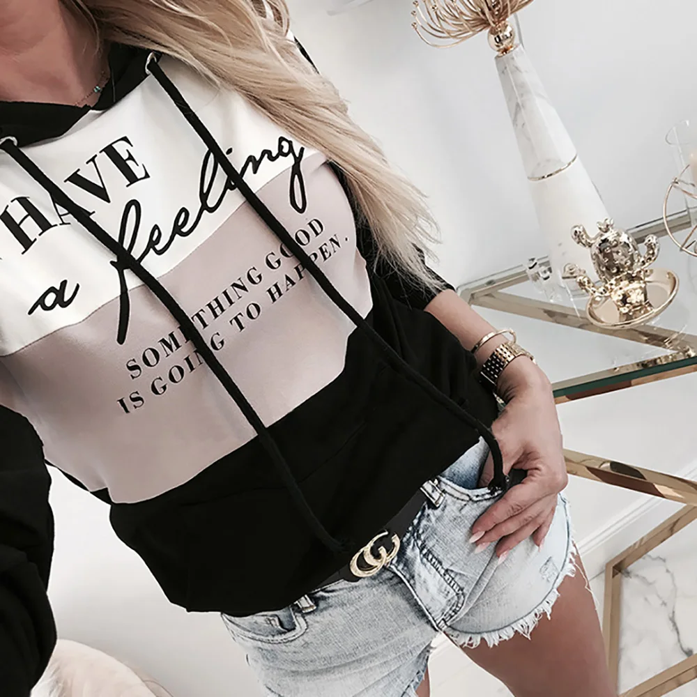  Autumn Women Hoodies Top Pullover Sweatshirt Long Sleeve Letter Printed Lady Hooded Shirt Patchwork