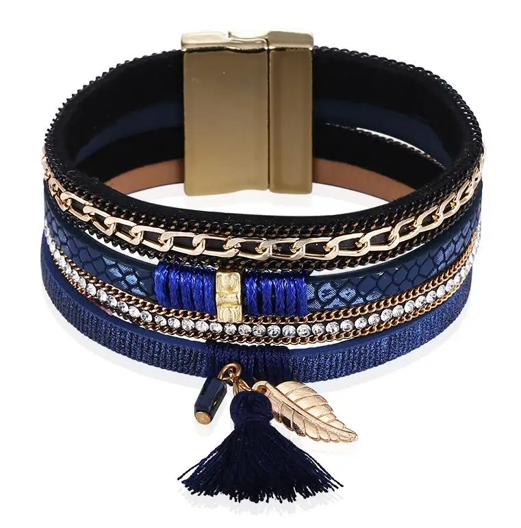 Новые модные Многослойные Стразы в стиле бохо, кожаные браслеты с кисточкой и браслеты, магнитные ювелирные изделия для женщин и мужчин, pulseira feminina, подарок - Окраска металла: blue