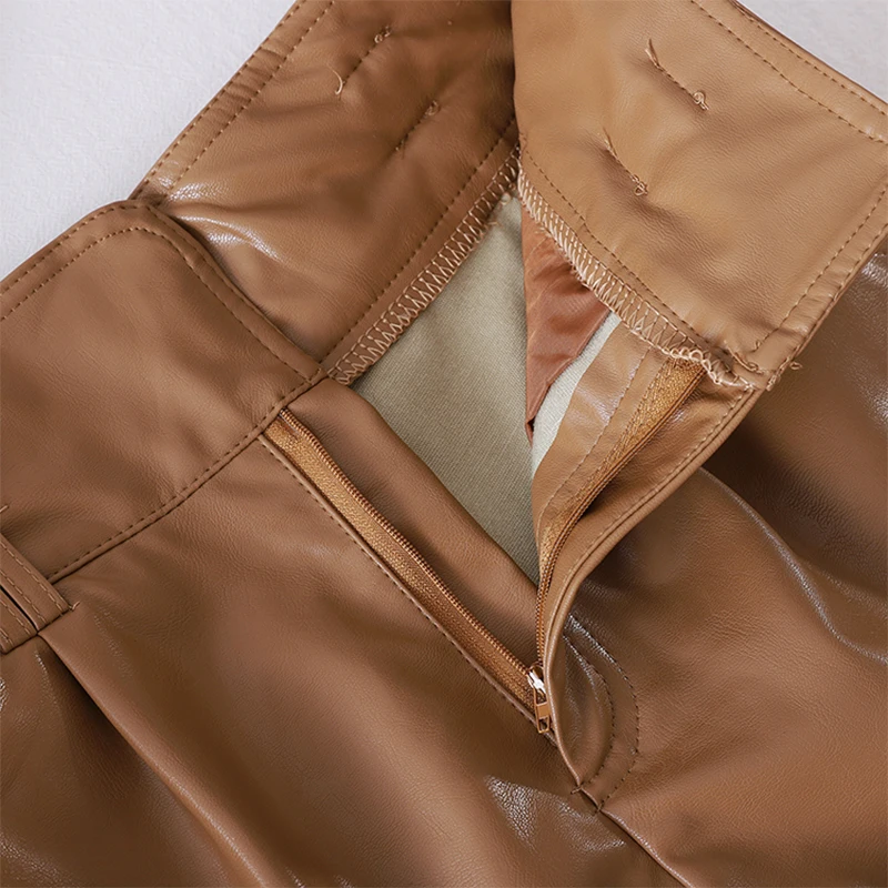 Black Khaki Color PU Leather High Waist With Double Belts Wide Leg Faux Leather Shorts Autumn Winter Loose PU Shorts