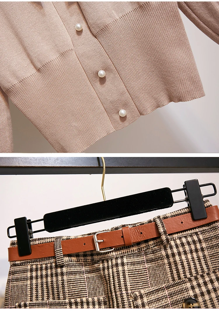 office ladies Winter Sweaters Skirts Set Bow Knitted Pullover Tops+Plaid Skirts 2PCS Suits Tracksuits Clothing Set