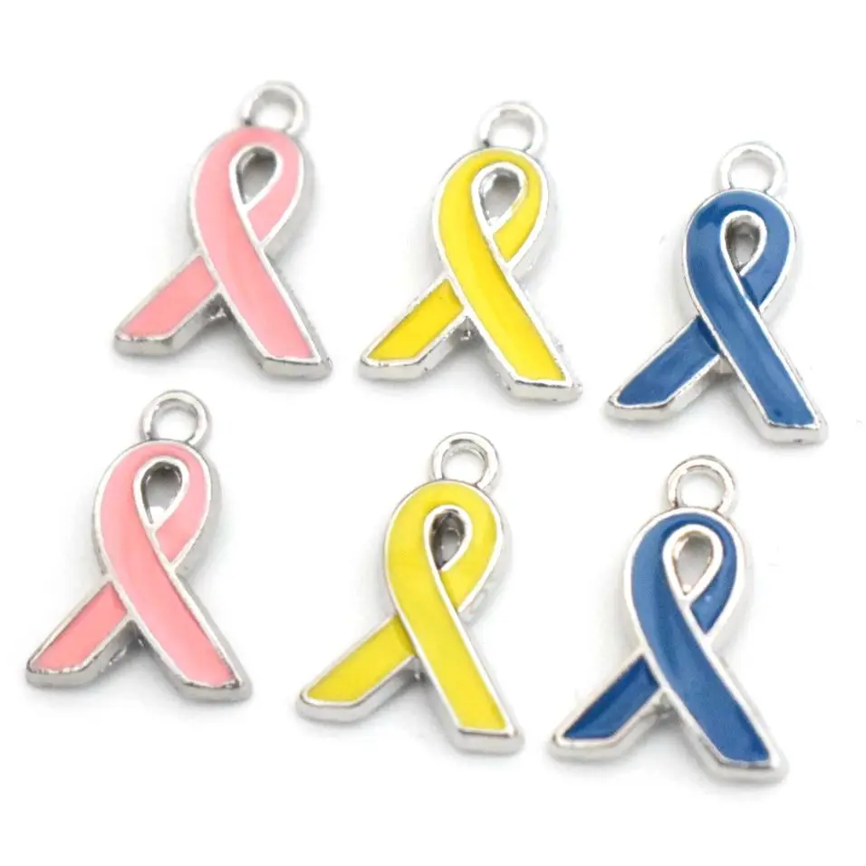 12*17mm Pink Yellow Ribbon Tie Pendant Breast Cancer Awareness Charms Enamel DIY Accessories For Handmade Women Jewelry Necklace