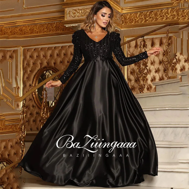 BAZIIINGAAA Luxury Evening Dresses V-Neck Long Sleeves A-shaped Floor-Length Chiffion 2022 New for Lace Classic Prom Dress Women