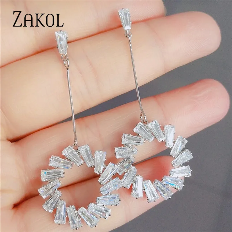 ZAKOL New Arrival Fashion Baguette CZ Zircon Round Circle Dangle Earrings for Women Bridal Wedding Jewelry Accessories AAEP042