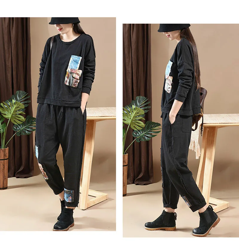 QPFJQD весенне-осенние винтажные женские комплекты Повседневный свободный хлопковый лоскутный пуловер Топы Комплект из двух предметов футболка с длинными штанами-Шароварами