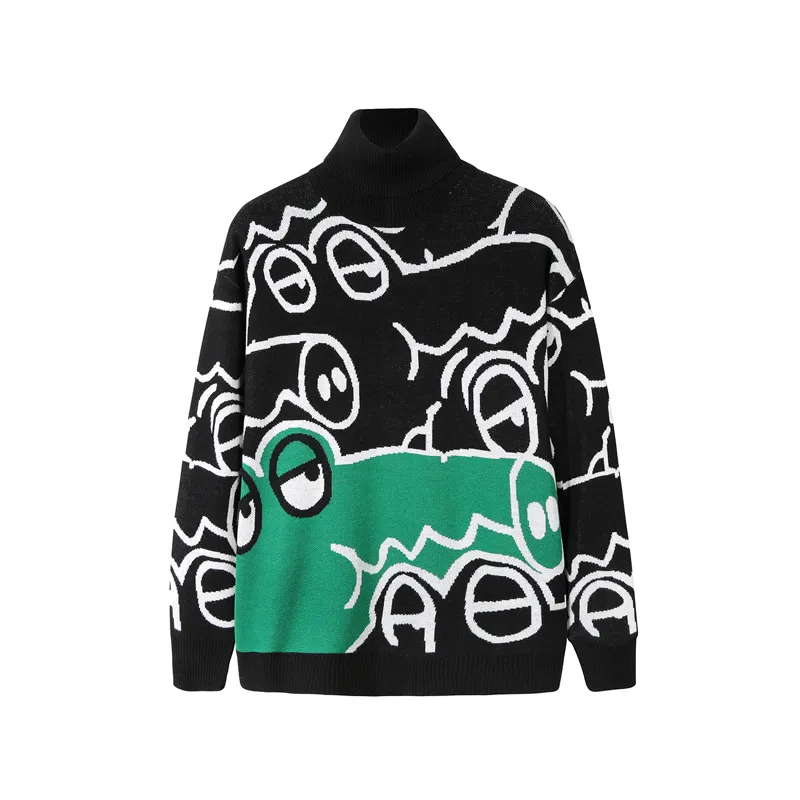 

Cotton Mens Sweater Black Turtleneck Sweater Men Cartoon Crocodile Pull Homme Knitted Pullover Clothing 2020 Long Sleeve Coats