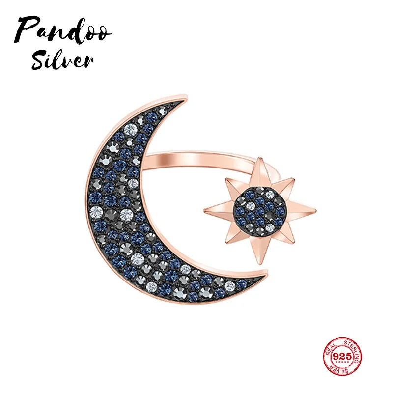 

PANDOO Fashion Charm Pure 925 Silver Original 1:1 Copy, Personality Mystery Star Moon Open Ring Ring Female Luxury Jewelry Gifts