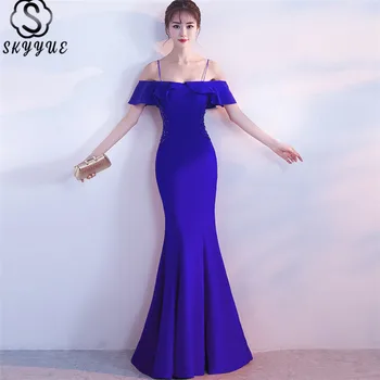 

Skyyue Evening Dresses Short Sleeve Solid Floor-Length Mermaid Dress Boat Neck Off The Shoulder Ruffles Robe De Soiree C073
