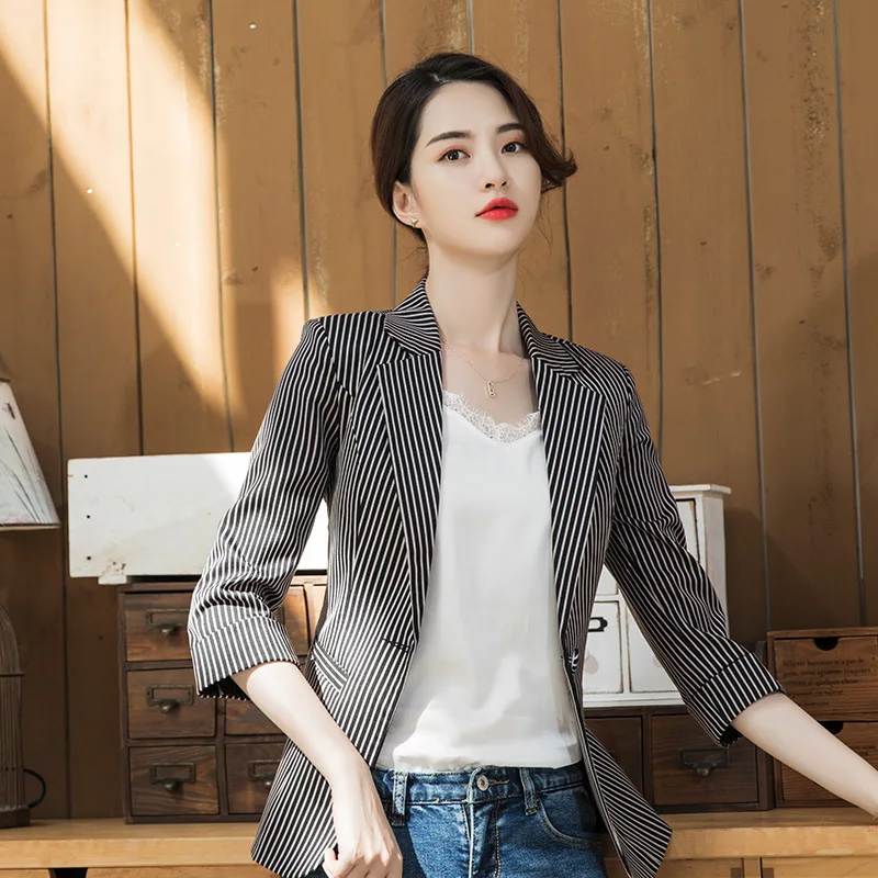 

Spring And Summer New Style Women's Wear Casual Versatile Fine Vertical Stripe Three-quarter-length Sleeve Small Suit Slim Fit S