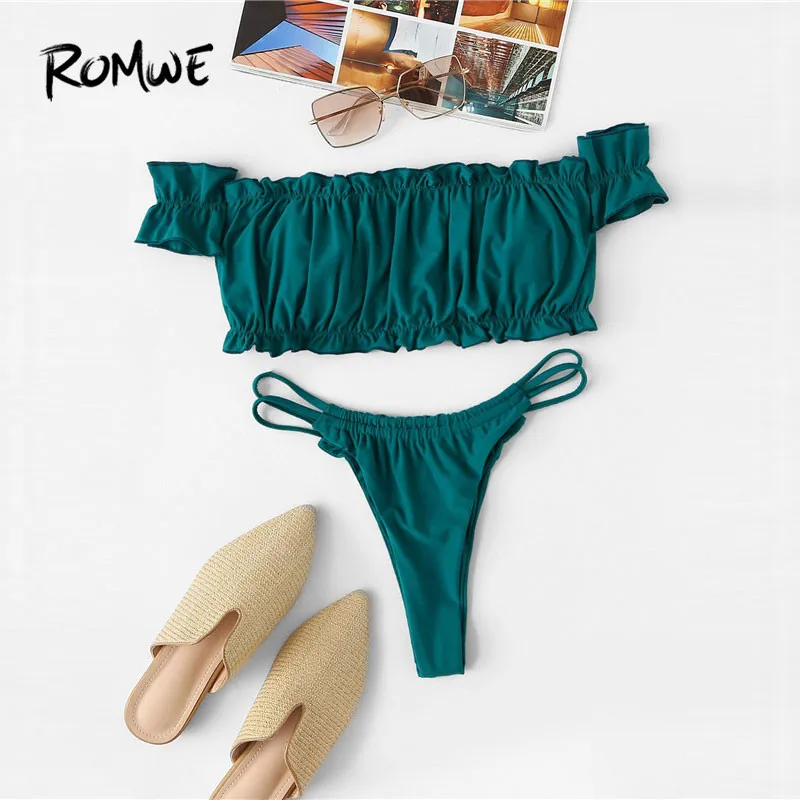 Romwe Sport Lettuce Trim and Strappy Thong Bikini Set Summer Wireless Off the Shoulder Sexy Bathing Suit Women High Cut Swimsuit