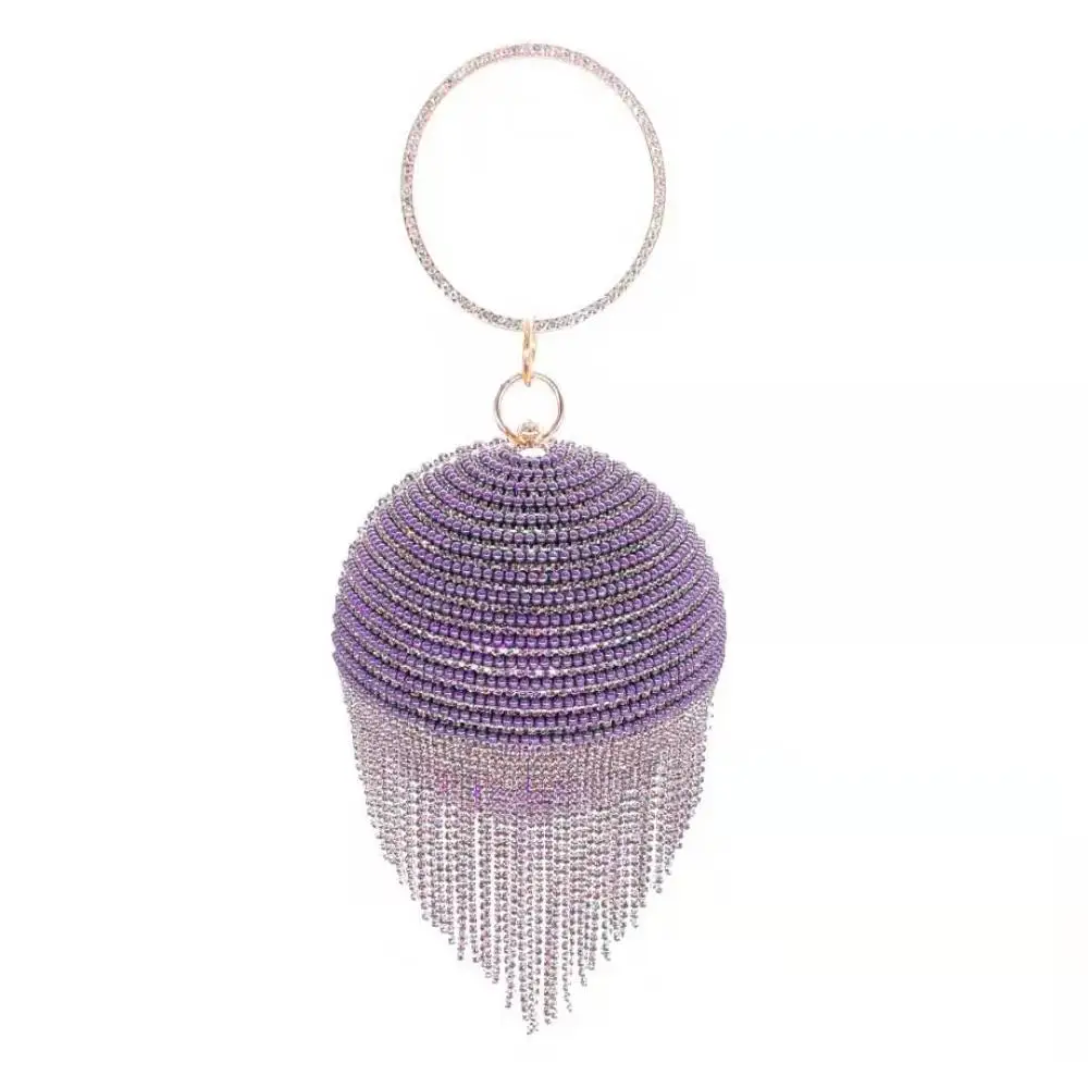 Серебряные бриллианты Стразы круглые вечерние сумки для женщин модный мини-клатч с кисточками сумка дамская сумочка с кольцом клатчи - Цвет: purple