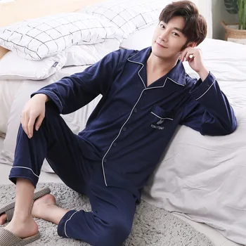 

2020 Spring Summer Long-sleeved Trousers Pajamas Set Loose Cotton Thin Section Home Service Cardigan Lapel Men's Clothing