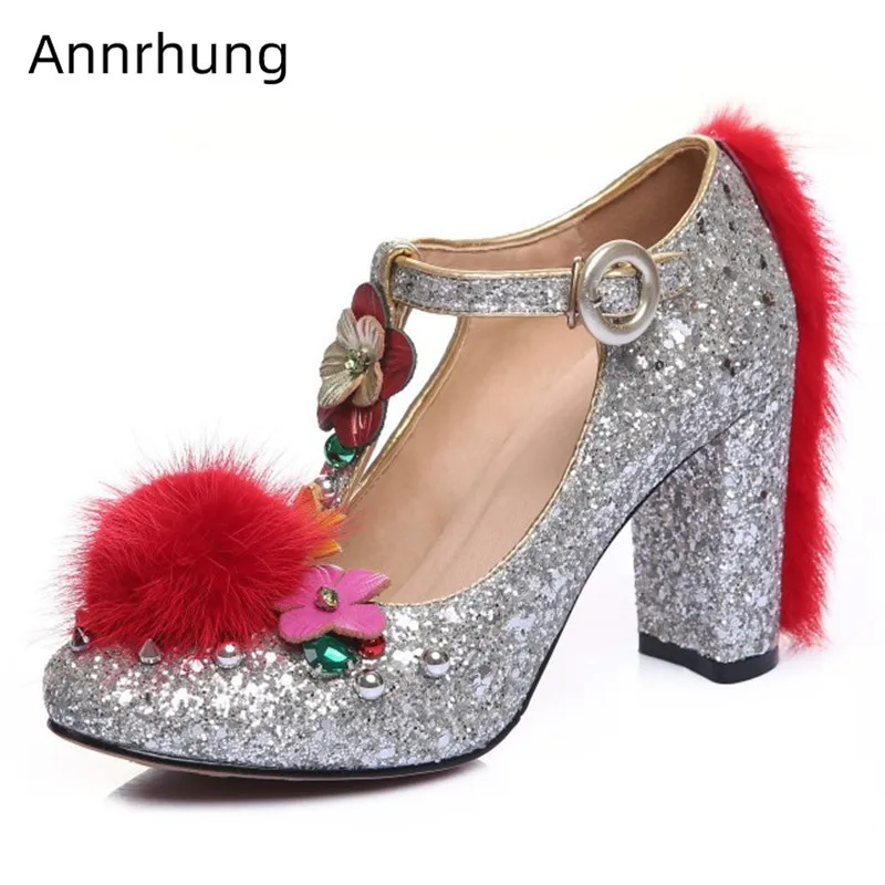 

Glitter Pumps Woman Sexy T-Strap Buckle Round Toe Zapatos High Square Heel Slim Shallow Decor Red Pompoms Shoes Bling Pumps