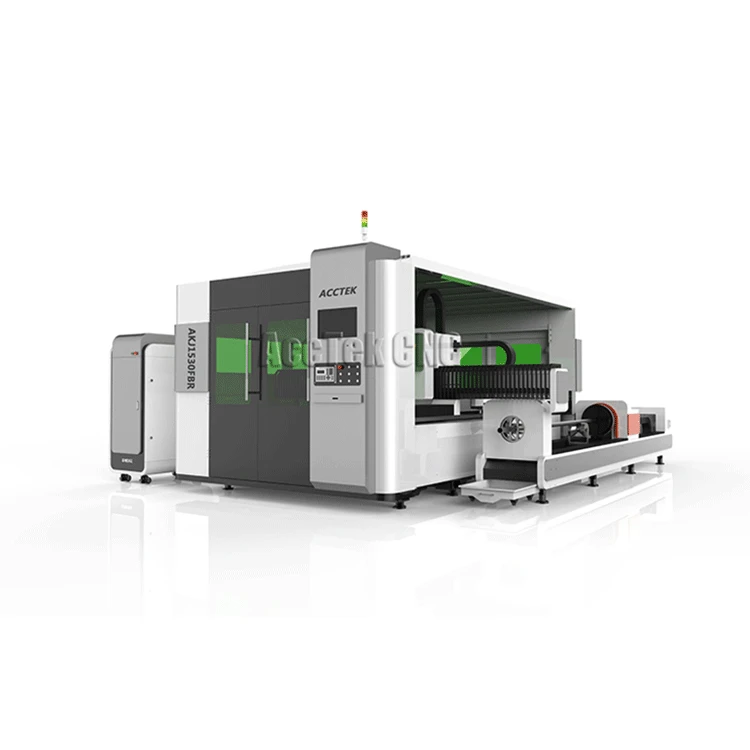Fiber laser cutting machine with full enclosed structure, rotary axis and auto exchange working table