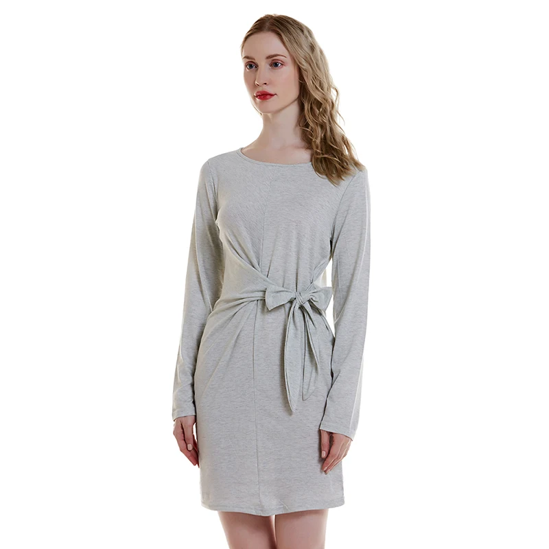 Women Soild Color Dress Autumn Round Neck Long Sleeve Twist Knot Waist Temperament Womens Elegant Dresses Lace-up Mini Dress