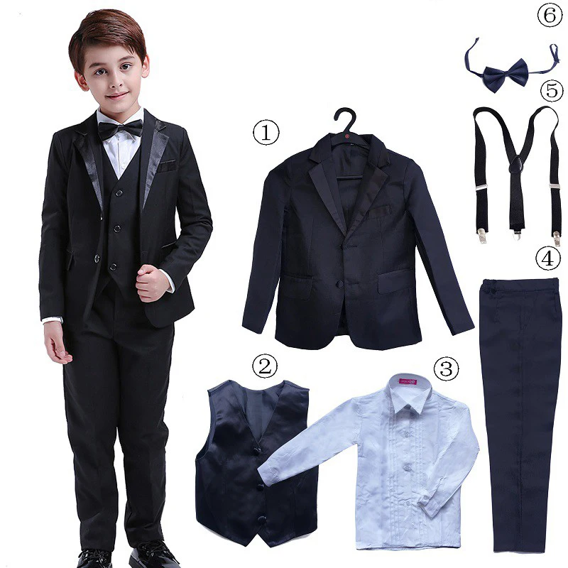 Classic Boys Suits for Weddings Formal Blazer Kids Tuxedo Shirt Vest Party Ring bearer Suits Black 6 Pcs