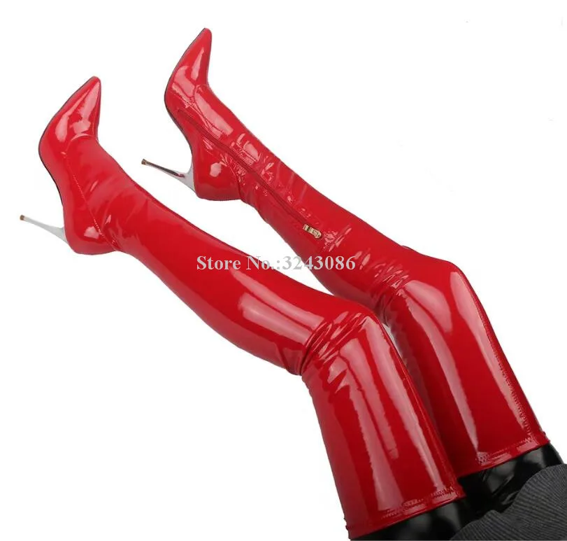 Women Red Color Patent Leather Thigh High Boots Sexy Pointed Toe