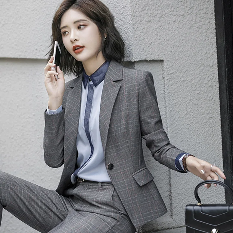 

Office Lady Blazer Women Pants Shirts Suit Female 2019 Autumn Winter Professional Plaid Set 3490LY