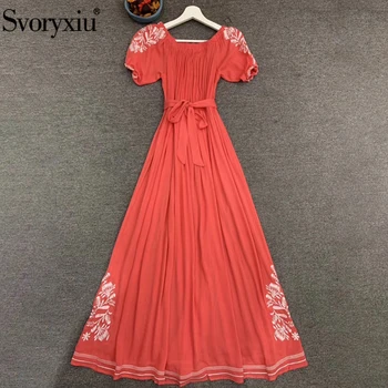 

Svoryxiu Fashion Designer Female Summer Bohemian Vacation Long Dresses Women Ruched Bow Belt Off Shoulder Embroidery Red Dress