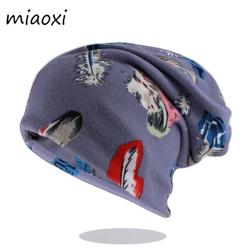 Новая модная Осенняя женская теплая шапка Skullies, двойная Повседневная шапка для девочек, шарф, изображение листьев, женские шапки