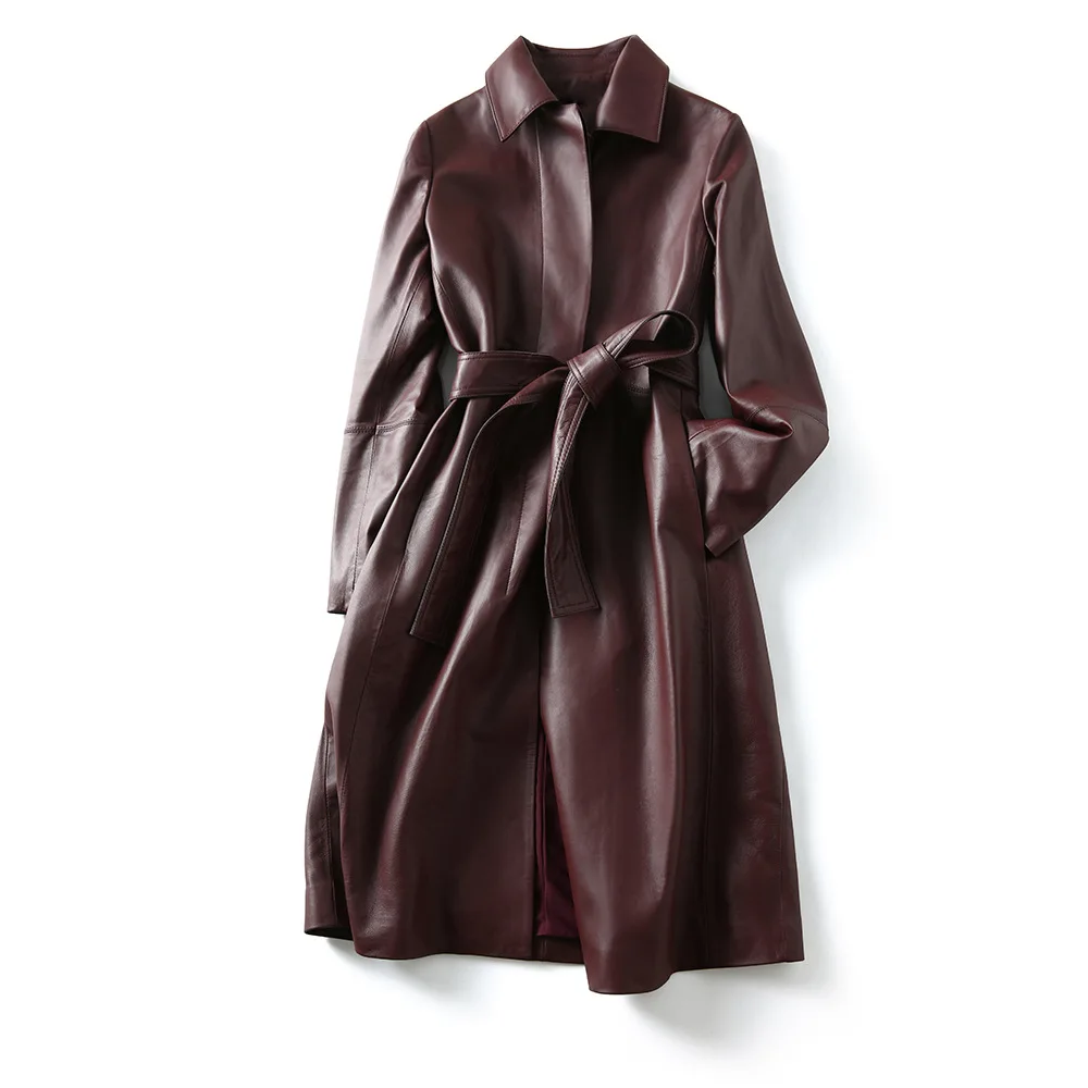 Women's Genuine Leather Coat Lace Up Sheepskin Jacket Long Trench Large Size Tops Spring And Autumn