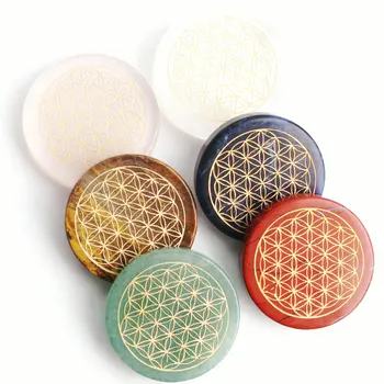 

Natural Chakra Crystal Round Shaped Flower of Life Pendant Energy Rune Symbols Engraved Stone Reiki Healing Gift Decor