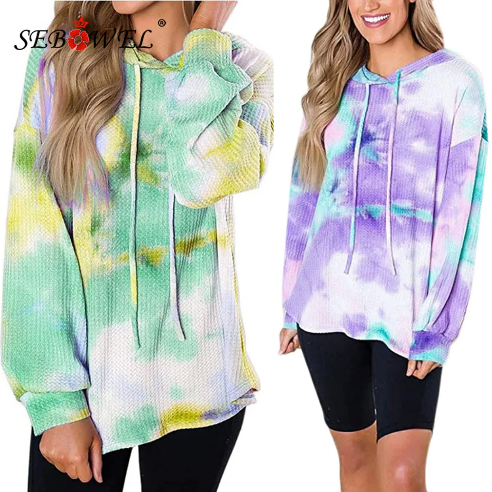 

SEBOWEL Women Tie Dye Print Waffle Knit Top Drawstring Hoodie Sweatshirts Autumn Long Sleeve Oversized Sweatshirt Clothes S-XXL