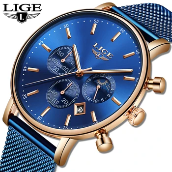 

LIGE Watches Mens Top Brand Luxury Blue Casual Mesh Belt Watch Fashion Sport Watch Men Waterproof Quartz Clock Relogio Masculino