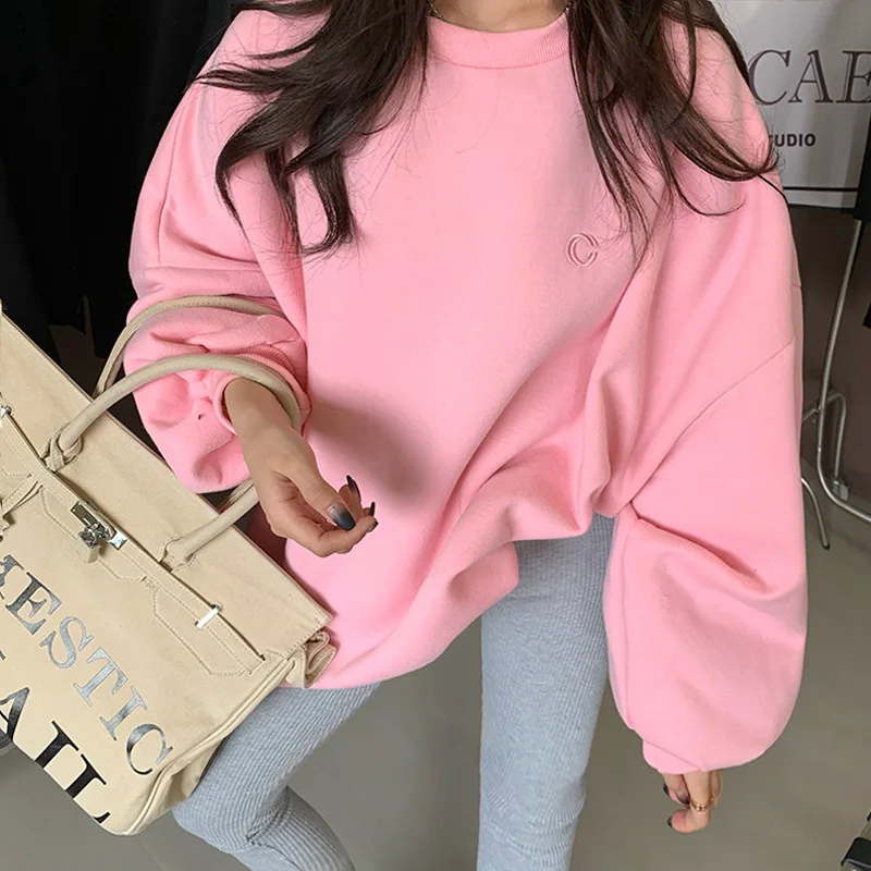 Pink Pullovers Women Plus Velvet Thick Loose Korean Fall Winter 2023 New All-match Mid-length Casual Top Female Long Sleeve Tops