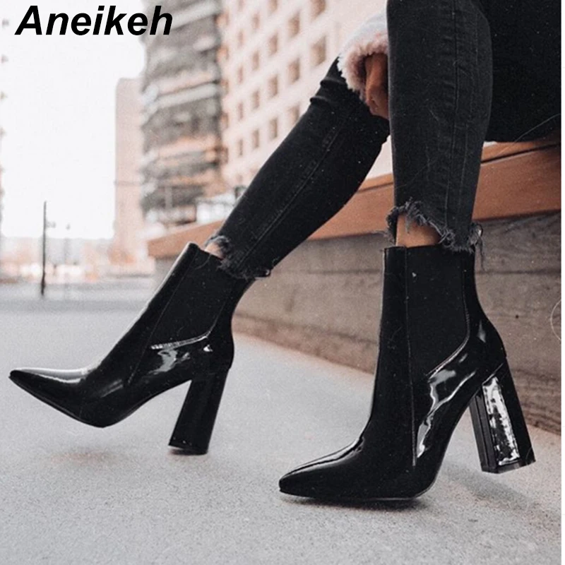 

Aneikeh NEW 2019 Concise PU Boots Women Square High Heel Zip Solid Pointed Toe Dance Nightclub Women Ankle Boot Black Size 35-42