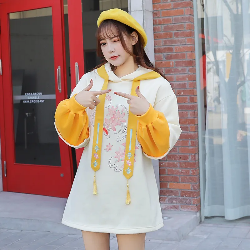 Lychee Harajuku Lucky Koi Женские флисовые толстовки с кисточками в стиле пэчворк Женская Спортивная толстовка с капюшоном хлопковые зимние женские пуловеры