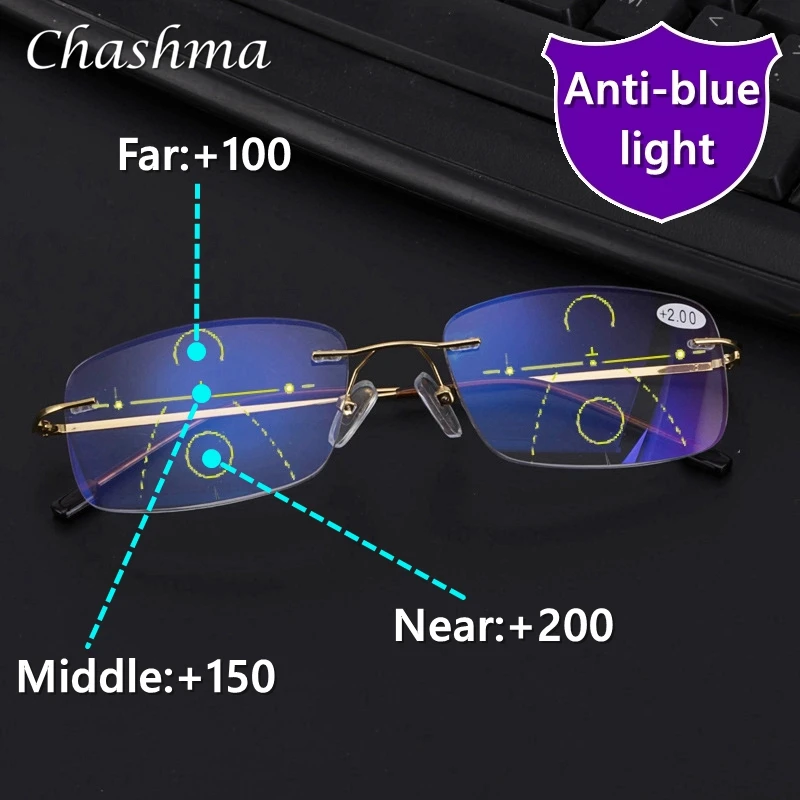 

High Quality Rimless Progressive Multifocal Reading Glasses Men Anti Blue Light Presbyopic Glasses Women Ultra Light Metal Gafas