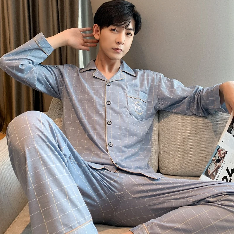 2021 Autumn Winter Long Sleeve Pajama Set for Men Korean Cardigan Sleepwear Suit Pyjama Male Lounge Homewear Hombre Home Clothes cotton pj set Pajama Sets