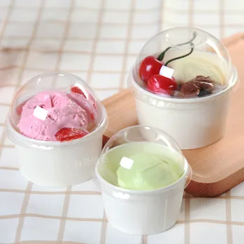 

50pcs 3/5/8oz disposable ice cream paper cup double PE coated white food takeaway packaging cup with transparent lids