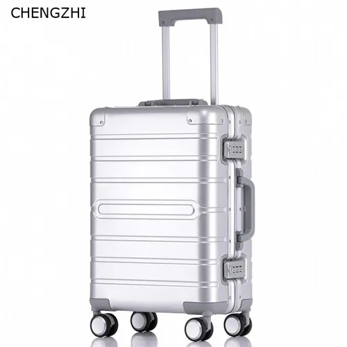 silver CHENGZHI 2" 24" 2" дюймов Алюминиевый Магниевый сплав чемодан на колесиках высокое качество сумки на колесиках - Цвет: silver