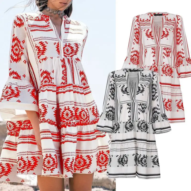 Винтажное женское платье повседневное свободное Расклешенное мини-платье Vestidos ZANZEA богемные пляжные вечерние летние сарафаны кафтан халат Femme