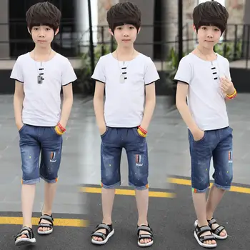 

2020 new summer children's clothing boy suit boys children summer short-sleeved casual denim big boy two-piece suit